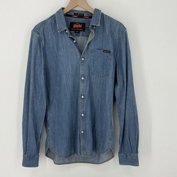 Superdry The London Loom Blue Denim Shirt Men’s Size Large - Picture 1 of 7